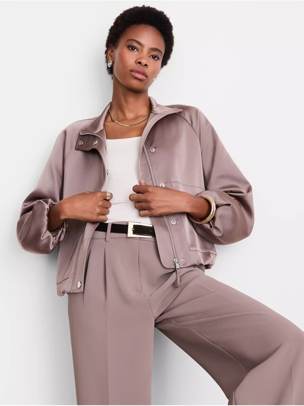 LOFT Cropped Satin Bomber Jacket in Mauve Gray
